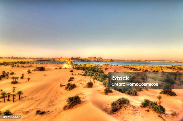 Aerial Sunrise Panoramic View To Yoa Lake Group Of Ounianga Kebir Lakes At The Ennedi Chad Stock Photo - Download Image Now