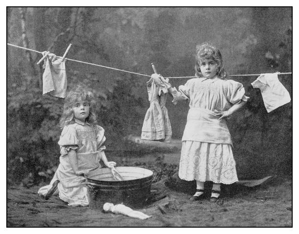 ilustrações de stock, clip art, desenhos animados e ícones de antique photo: little girls laundry - kid photo