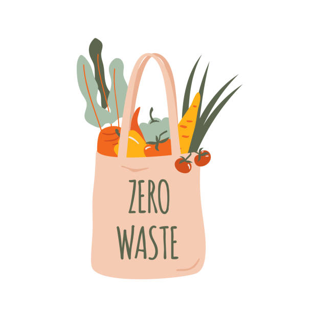 Reusable grocery eco bag with vegetables hand drawn Reusable grocery eco bag with vegetables isolated from white background. Zero Waste (Say no to plastic) and food concept. Vector recycling illustrations stock illustrations