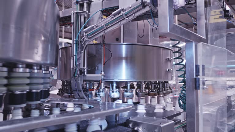 Dairy, Factory, Industry - Milk bottles being filled with fresh milk by a fully automated machinery at a dairy factory