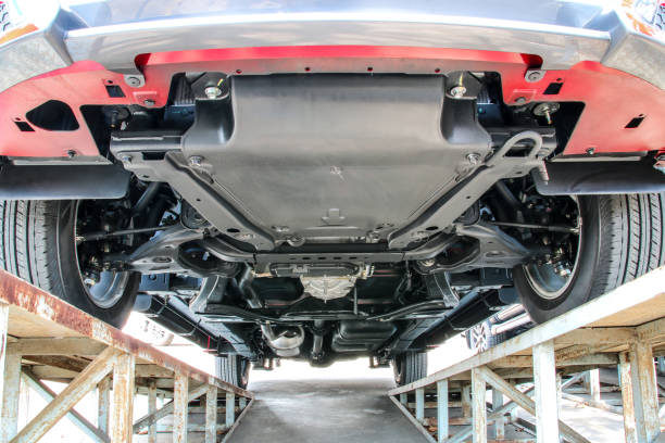 istock Red car suspension and chassis bottom view 1149468229