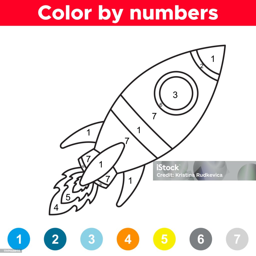 Color by number for preschool and school kids. Coloring page with rocket. Space day. Vector illustration. Coloring stock vector