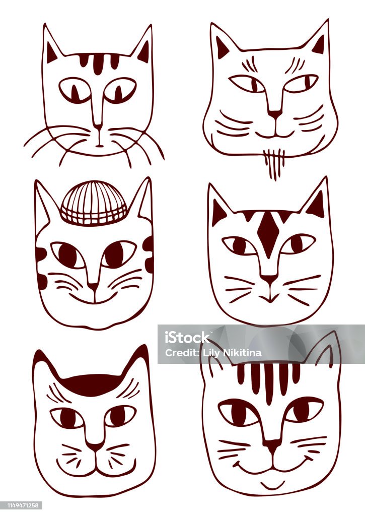 Cats set outline Cats set outline head vector illustration hand drawing Animal stock vector