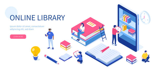 online library Media book library concept. Can use for web banner, infographics, hero images. Flat isometric vector illustration isolated on white background. bookstore book library store stock illustrations
