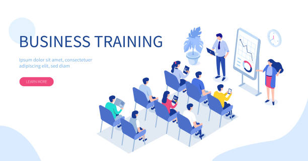 business training Business training or courses concept. Can use for web banner, infographics, hero images. Flat isometric vector illustration isolated on white background. isometric projection illustrations stock illustrations