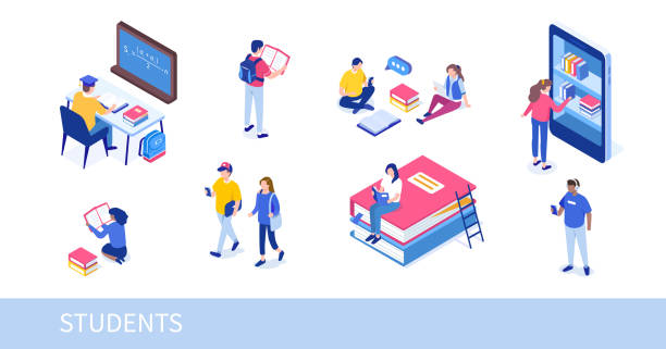 students Different college students studying. Can use for web banner, infographics, hero images. Flat isometric vector illustration isolated on white background. university illustrations stock illustrations