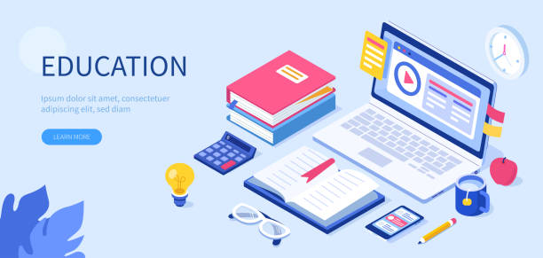 education banner Online education concept with text place. Can use for web banner, infographics, hero images. Flat isometric vector illustration isolated on white background. furniture instructions stock illustrations