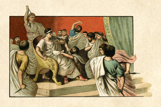 Assassination of emperor Julius Caesar in Roman Senate 44 BC Steel engraving of Julius Caesar or Augustus Casus Octavianus 15 march 44 BC
According to Eutropius, around 60 men participated in the assassination. He was stabbed 23 times.
23 September 63 BC - 19 August AD 14
Original edition from my own archives
Source : "Allgemeine Weltgeschichte" 1898 augustus caesar stock illustrations