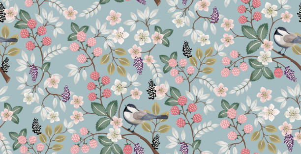 ilustrações de stock, clip art, desenhos animados e ícones de vector illustration of a beautiful floral pattern with cute birds in spring. - pattern flower backgrounds seamless