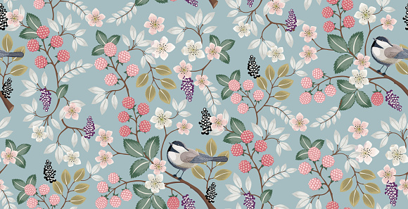 istock Vector illustration of a beautiful floral pattern with cute birds in spring. 1149478834