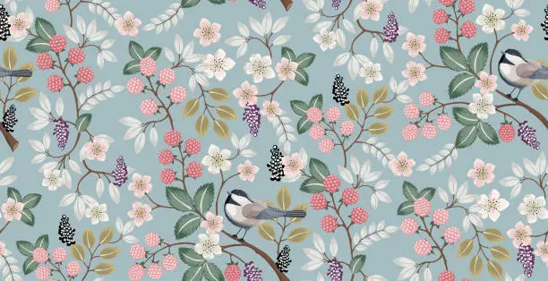 Vector illustration of Vector illustration of a beautiful floral pattern with cute birds in spring.