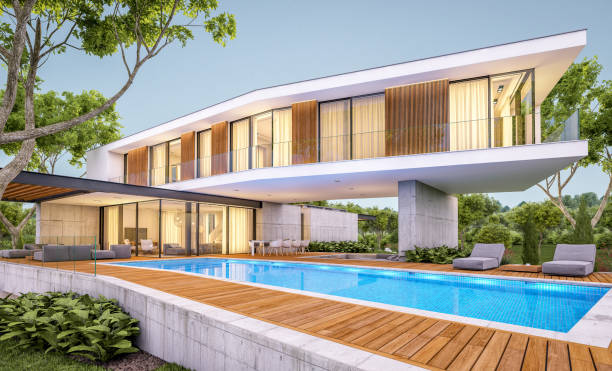 istock 3d rendering of modern house on the hill with pool in evening 1149479130