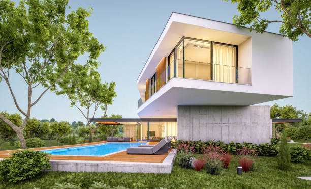 istock 3d rendering of modern house on the hill with pool in evening 1149479148