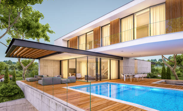 istock 3d rendering of modern house on the hill with pool in evening 1149479232