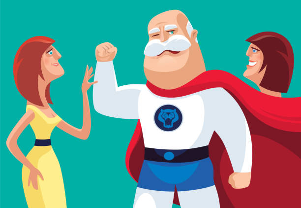 senior super hero with women vector illustration of tough senior super hero with women superhero environment women green color stock illustrations