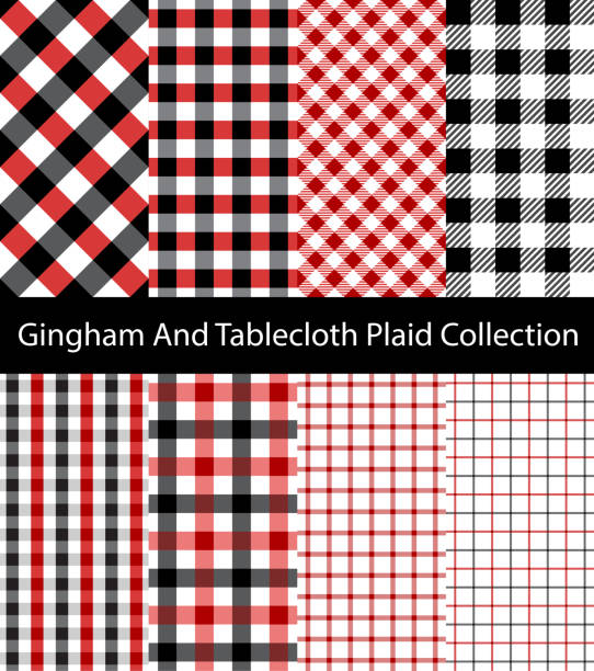 ilustrações de stock, clip art, desenhos animados e ícones de collection of black and red gingham / tablecloth patterns. seamless checkered and square texture backgrounds. - tattersall