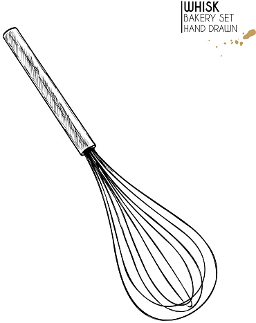 Bakery set. Hand drawn isolated metal whisk. Kitchen tools. Vector engraved icon. For restaurant and cafe menu, baker shop, bread, pasty, sweets. Design template