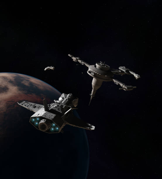 istock Spaceships approaching a Space Station Above an Alien Planet 1149488300