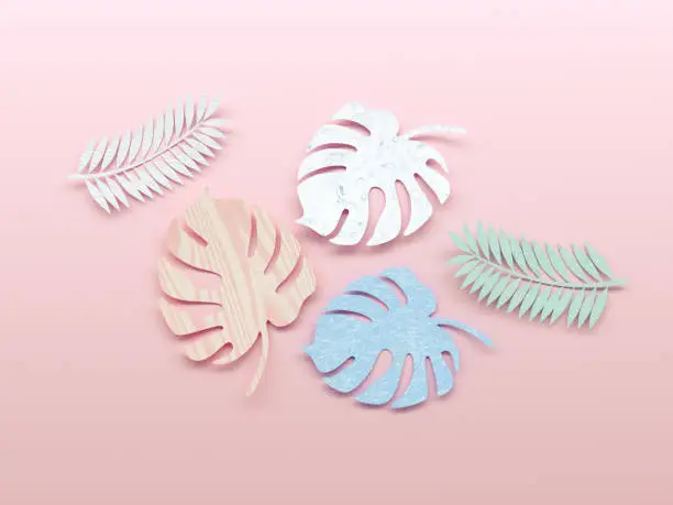 Photo of 3d render set of tropical leaves. Palm, banana leaf, hibiscus, plumeria flowers