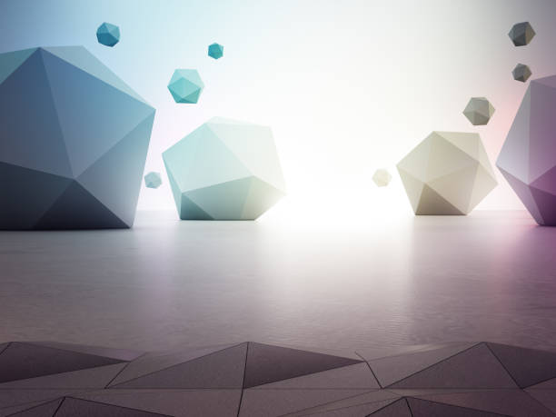 istock Rainbow geometric shapes on gray concrete floor with gradient wall background in hall or modern showroom. 1149495051
