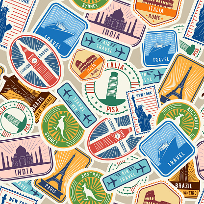 Travel pattern. Immigration stamps stickers with historical cultural objects travelling visa immigration vector textile seamless design. Illustration of sticker travel, national landmark label