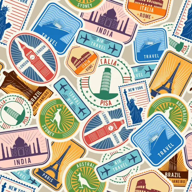 Vector illustration of Travel pattern. Immigration stamps stickers with historical cultural objects travelling visa immigration vector textile seamless design