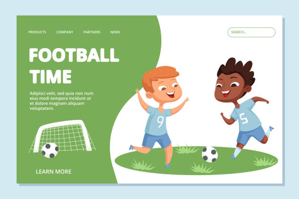 ilustrações de stock, clip art, desenhos animados e ícones de football landing page template. sport team kids vector character - time duration