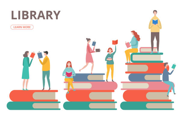 Time to read vector concept. Library, self education, students with books illustration Time to read vector concept. Library, self education, students with books illustration. Student read book, people on stack of books library illustrations stock illustrations