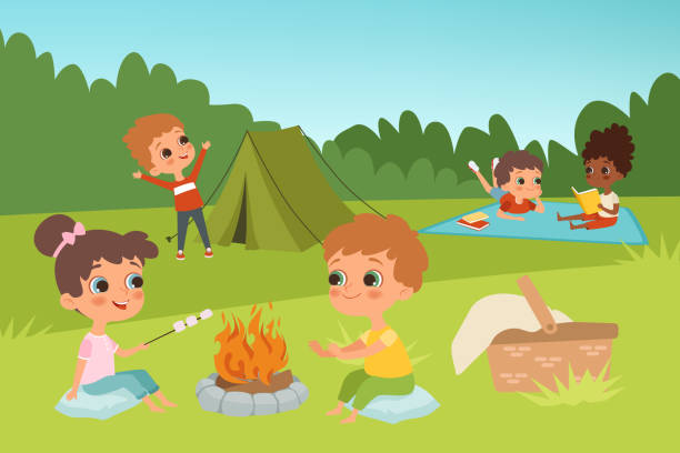 ilustrações de stock, clip art, desenhos animados e ícones de kids summer camp vector background with children characters and camping elements - camping campfire boy scout girl scout
