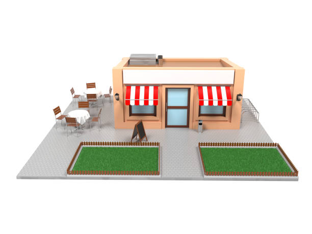 istock Market store complete exterior design. Urban scene. 3d rendering illustration 1149509330