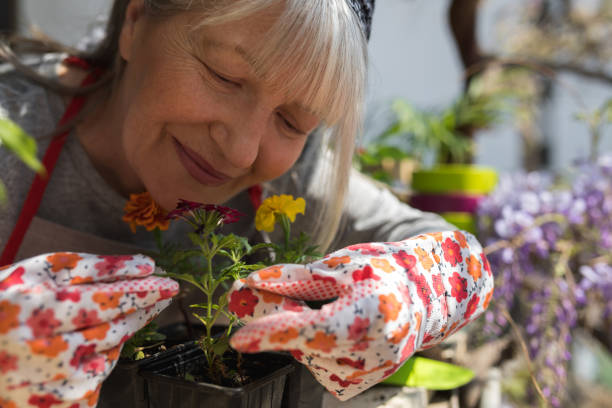 istock Woman smells flowers 1149512534