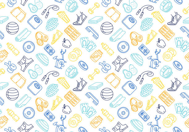 Sport, fitness, functional training background seamless doodle icons style pattern. Vector illustration blue, orange, yellow thin line Sport, fitness, functional training background seamless hand drawn doodle icons style pattern. Gym sport objects: workout, tabata, gym, yoga gym designs stock illustrations