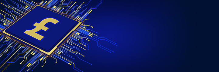 pound shape on computer CPU chip with some circuit lines. Panoramic blue background and large copy space. Produced with 3D software and photoshop.
