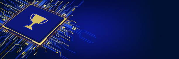3D Computer chip with trophy shape on blue background stock photo