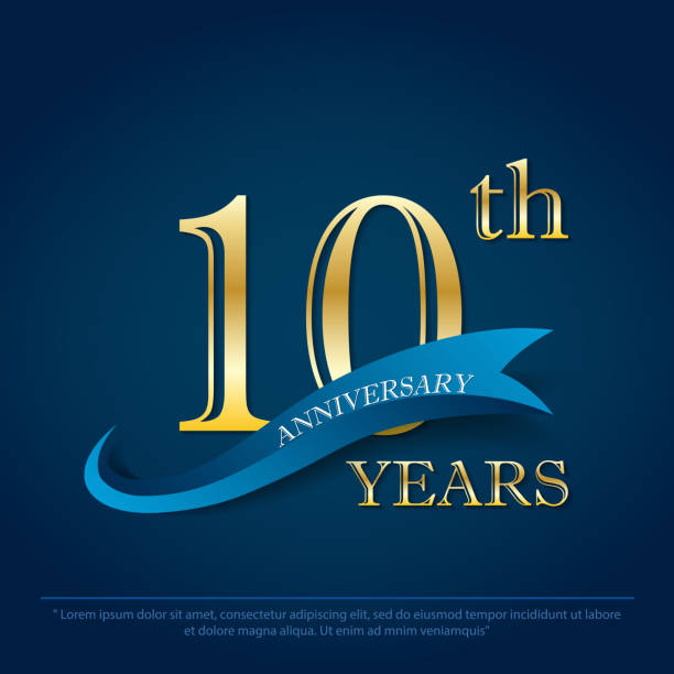 anniversary celebration emblem 10th year anniversary golden logo with blue ribbon on black background, vector illustration template design for celebration greeting card and invitation anniversary celebration emblem 10th year anniversary golden logo with blue ribbon on black background, vector illustration template design for celebration greeting card and invitation 10th anniversary stock illustrations