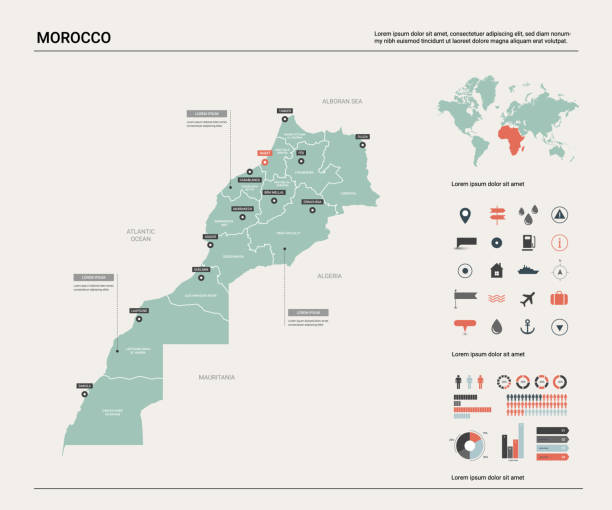 モロッコのベクター地図。部門、都市、首都ラバトで国のマップ。政治地図、世界地図、インフォグラフィック要素。 - capital cities点のイラスト素材／クリップアート素材／マンガ素材／アイコン素材