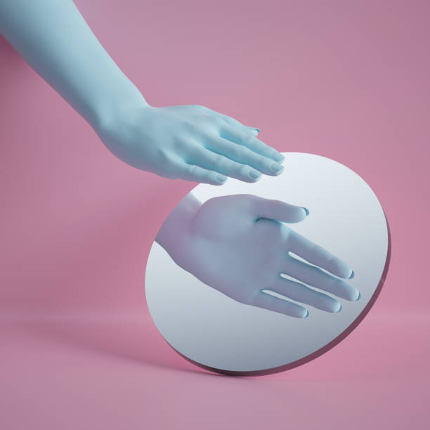 istock 3d render, hand reflection in round mirror isolated on pink background, abstract conceptual composition, show gesture, open palm, mannequin body part 1149518387