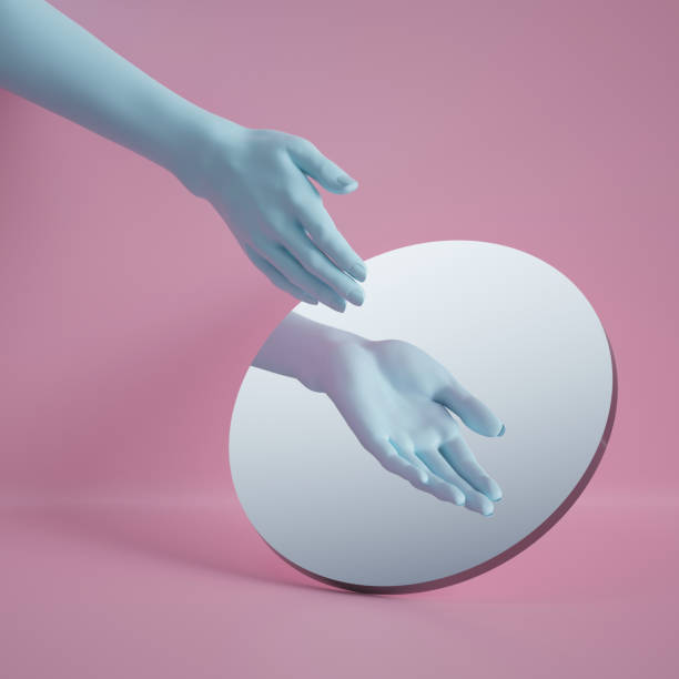 istock 3d render, hand reflection in round mirror isolated on pink background, abstract conceptual composition, show gesture, open palm, mannequin body part 1149518410