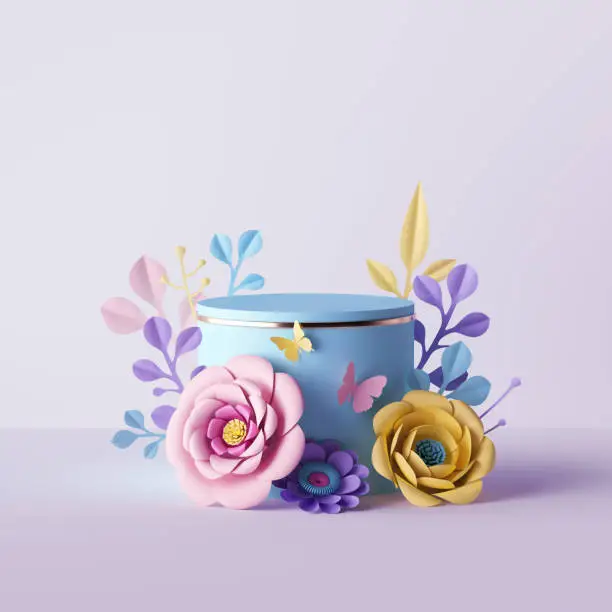 Photo of 3d render, botanical background, cylinder pedestal decorated with pink yellow paper flowers, blank cosmetics store showcase stand, fashion background, pastel colors, presentation template, mockup