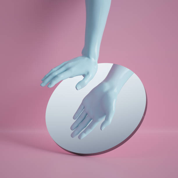 istock 3d render, hand reflection in round mirror isolated on pink background, abstract conceptual composition, show gesture, open palm, mannequin body part 1149518427