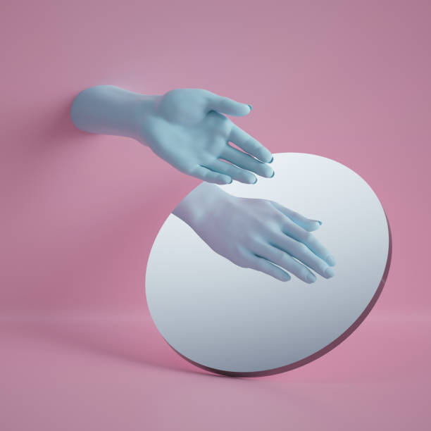 istock 3d render, hand reflection in round mirror isolated on pink background, abstract conceptual composition, show gesture, open palm, mannequin body part 1149518437