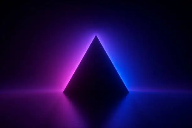 Photo of 3d render, blue pink neon triangular frame, triangle shape, empty space, ultraviolet light, 80's retro style, fashion show stage, abstract background