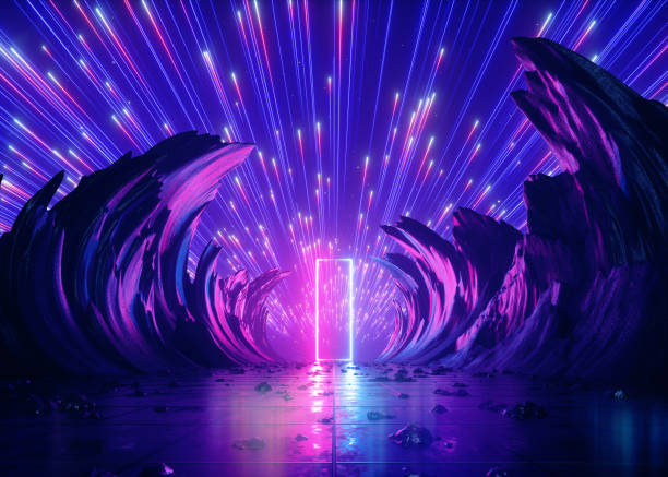 istock 3d render, abstract futuristic neon background, pink blue fireworks, cosmic landscape, glowing rectangular frame, ultraviolet light, virtual reality space, energy source, mountains, rocks, ground 1149518563