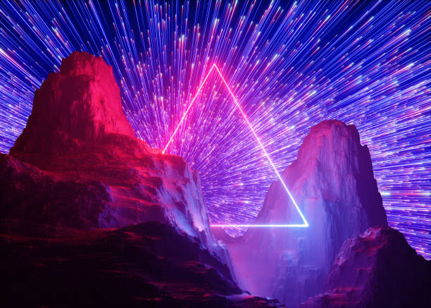 istock 3d render, abstract neon background, pink blue fireworks above the rocks, mountains. Cosmic landscape, glowing esoteric triangle in ultraviolet light, triangular shape energy source 1149518578