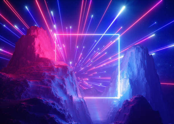 istock 3d render, abstract neon background, pink blue fireworks above the rocks and mountains. Cosmic landscape, glowing square shape in ultraviolet light, esoteric energy source 1149518580
