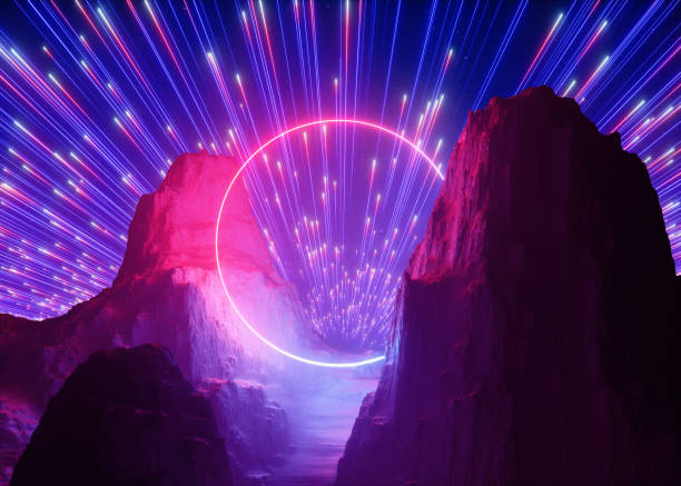 istock 3d render, abstract neon background, pink blue fireworks above the rocks, mountains. Cosmic landscape, glowing round frame, ring shape, ultraviolet light, esoteric energy source 1149518583