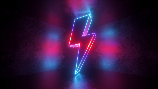 3d render, neon light abstract background, glowing thunderbolt, electricity power symbol, lightning sign
