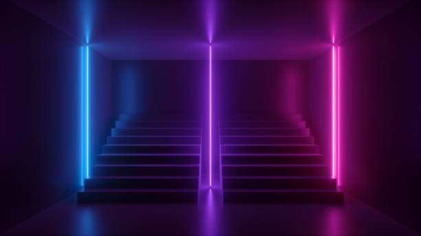 istock 3d render, abstract neon background, pink blue glowing light, staircase in dark room 1149518734