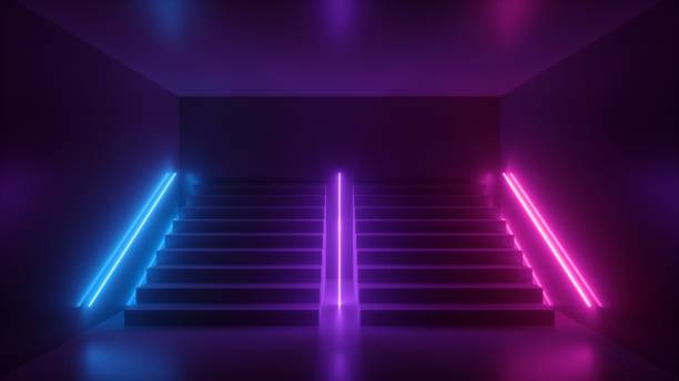 3d render, abstract neon background, pink blue glowing light, staircase in dark room