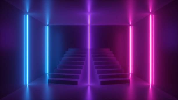 istock 3d render, abstract neon background, pink blue glowing light, staircase in dark room 1149518741